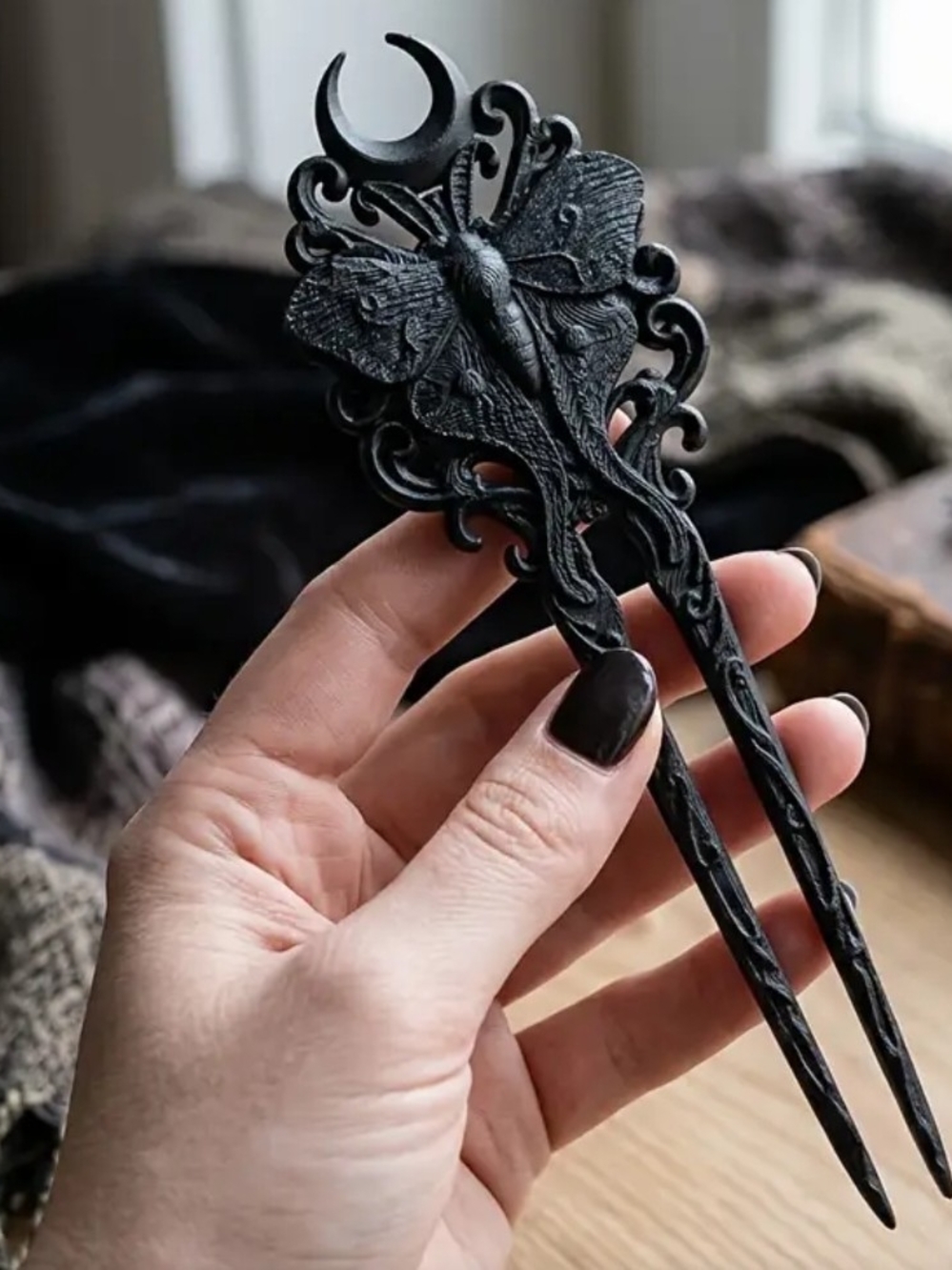 Handcrafted Black Luna Butterfly Hair Fork